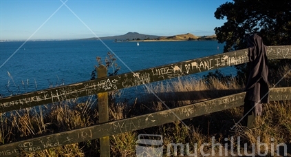 The view from Musick Point toward Browns Island and rangitoto two volcanoes in the Waitemata Harbour 