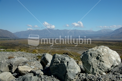 Valley close to Lake Clearwater, Canterbury, looking to the hills across a Rangitata River side shoot