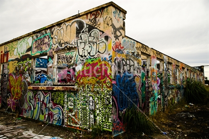 Graffiti on the old stock yard buildings in Christchurch