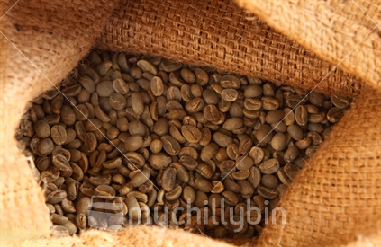 Coffee beans in a sack, ready for roating and grinding