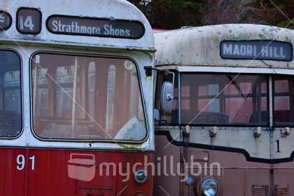 Two old buses no longer used, awaiting restoration.