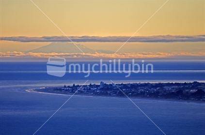 Mt Ruapehu on the horizon, Paraparaumu Beach in the foreground, New Zealand