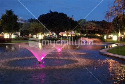 Palmerston North city centre fountains by night.
