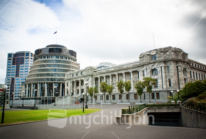 The Beehive and Parliament House, Wellington, New Zealand. 
