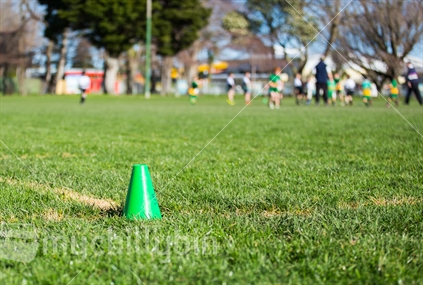 A single cone marking the boundaries of a rugby game