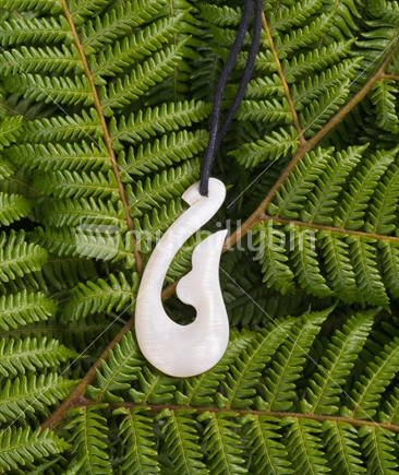Traditional hook pendant on a background of fern fronds