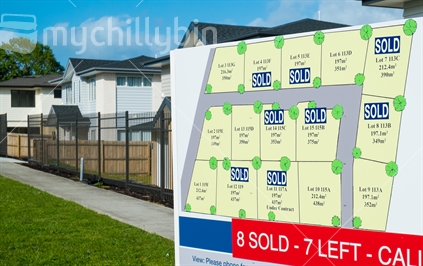 Real Estate sign selling new homes.