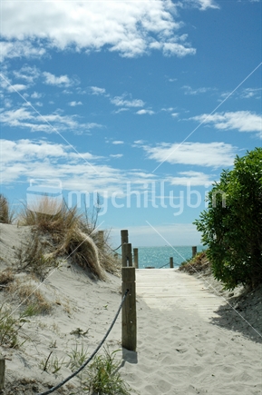 Sandy path to Tahuna beach, Nelson, New Zealand