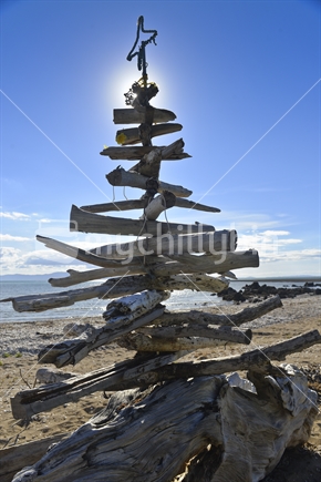 Driftwood Christmas Tree at the beach with star.