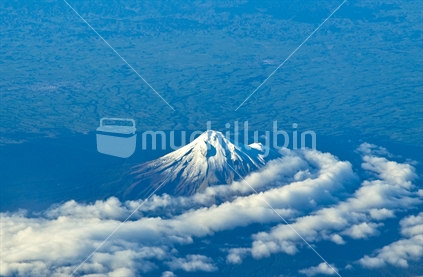 Snow capped Mount Taranaki / Mount Egmont, viewed from above through clouds