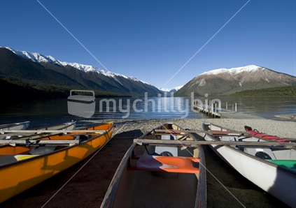Kayaks on Lake front, Lake Rotoiti, Nelson Lakes district, New Zealand