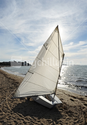 Optimist yacht with white sail on beach, New Zealand