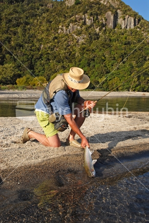 Trout Fisherman with Freshly caught Trout , Lake Taupo, New Zealand