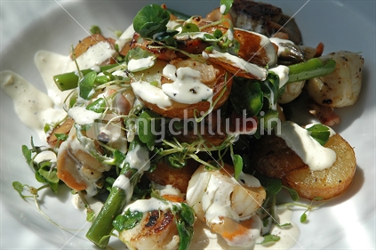 Scallop, Bacon and Asparagus salad with Aoli dressing