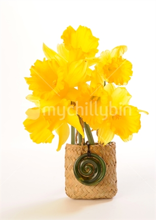 Daffodils in woven flax basket