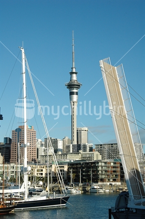 Yachts and Te Wero drawbridge at the Viaduct Basin, with the CBD, and Skytower in the background against a blue sky ; Auckland, New Zealand.  