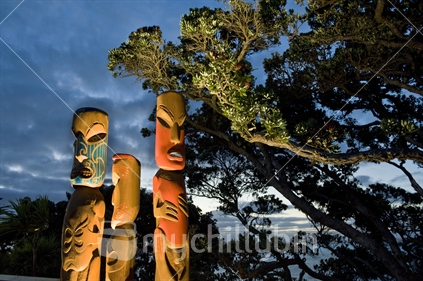 Maori carvings at Achilles Point, St Heliers, Auckland, New Zealand.