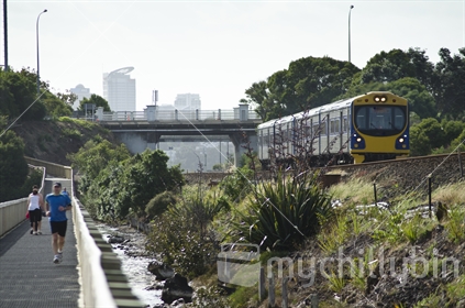 Auckland city suburban scene with passenger train alongside joggers on walkway