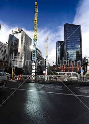 City scene with office buildings and vertical bungy in Central Auckland







