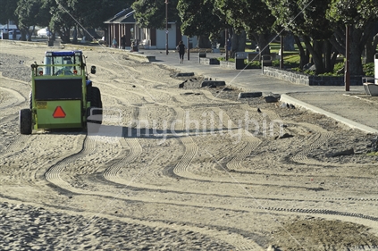 Mission Bay Beach with Pohutukawas and sand grooming machine in operation.
