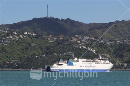Cook Strait ferry, the Interislander, in Wellington Harbour, with hills of Wadestown and Mt Kaukau in background