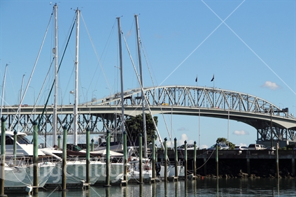 Auckland Harbour bridge and boats at Westhaven Marina