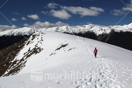 On the snow-covered Mount Roberts track in early Spring, Nelson Lakes National Park