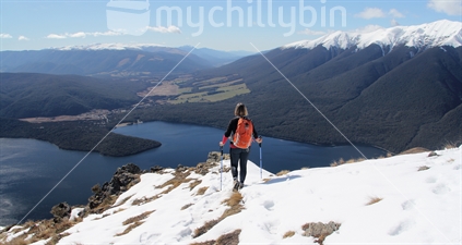 On the snow-covered Mount Roberts track in early Spring, Nelson Lakes National Park