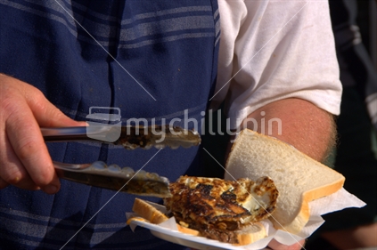 Bacon and egg sandwich at the summer fair, Martinborough
