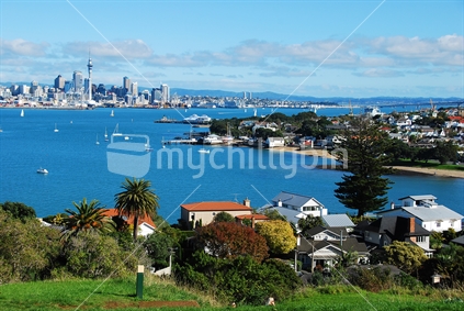 View from North Head to Devonport Village & Waitemata Harbour in Auckland. (foreground focus)