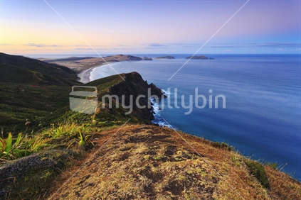 Looking down to Twilight Beach from Cape Reinga, Far North, New Zealand.