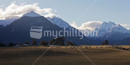 The Routeburn Station with ranges facing Fiordland at twylight.