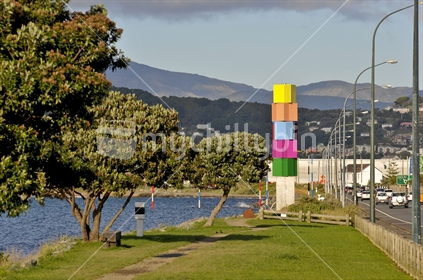 Wind symbols of Wellington along Cobham Drive
Note:  Acknowledgement needed as follows when using this image. "Urban Forest" by Leon van den Eijkel & Allan Brown, and in the background "Akau Tangi" by Phil Dadson; both commissioned by the Wellington Sculpture Trust."