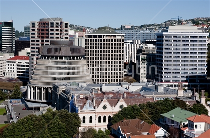 looking down on wellington's beehive and parliamentary library