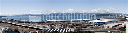 Panorama showing an overview of Wellington Harbour from Hutt to the Westpac Stadium 