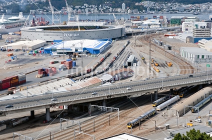 Wellington stadium and surrounding area including harbour, SH1 overbridge and rail yard