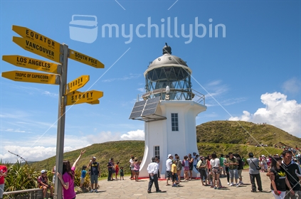 The lighthouse at Cape Reinga with the sign pointing in all directions