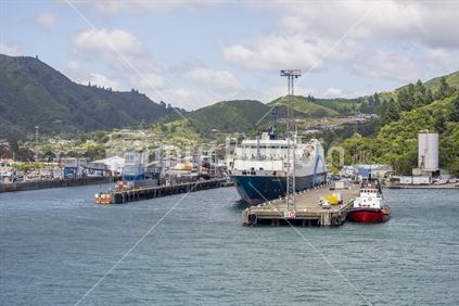 Approaching Picton from the Interislander, showing the port with the Bluebridge and a tug moored and with houses and bush clad hills in the background