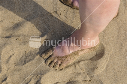 Golden sand sticking to partially wet feet on a beach showing leg and shadow