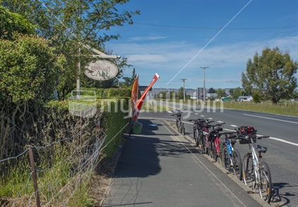 Bicycles parked outside the kissing gate cafe in Middlemarch. It is a popular watering hole/food cafe in Middlemarch for riders and cyclists of the Otago Rail trail.