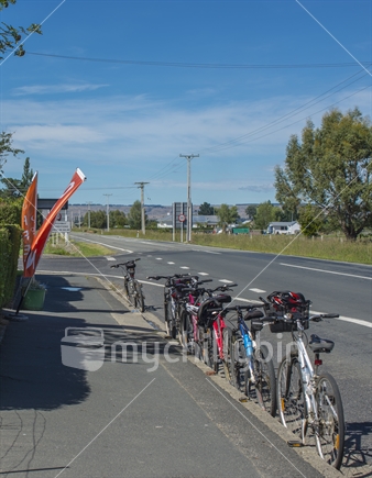 Bicycles parked outside the kissing gate cafe in middlemarch. It is a popular watering hole/food cafe in Middlemarch for riders and cyclists of the Otago Rail trail