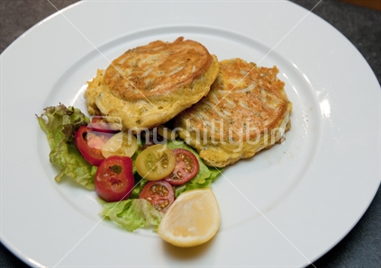 Preparation of whitebait fritters from cooking to plating ready to eat. 