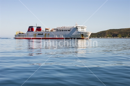 The chartered replacement Interislander ferry, the Stena Alegra enters Cook Strait on a clear, calm day