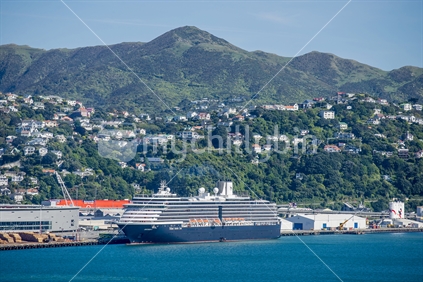 The Oosterdam cruise liner is berthed at Tinakori wharf, and in the background the hills and suburb of wadestown can be seen