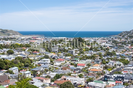 The Wellington suburbs of Hataitai and Lyall Bay as seen from the hills in Hataitai. The blue waters of Cook Strait are seen in the background
