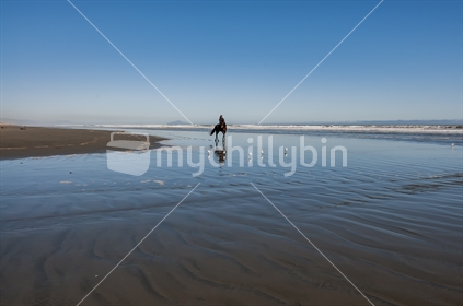 A horse rider on the Waiterere Beach approaching a small stream as it meets the ocean. The rider and horse are partially reflected in the wet sand. In the distance Kapiti Island can be seen