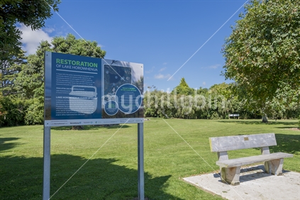 Efforts being made to clean up Lake Horowhenua near Levin by fencing off small spring fed streams entering the Lake, The sign at Kowhai Park informs the public