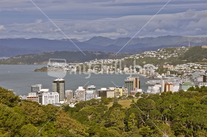Panorama of Wellington city as seen from Wadestown on the Tinakori Hills. Focus is on the high rise buildings along The Terrace.