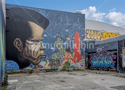 New Brighton main street showing an empty lot and street art on a wall. 2018