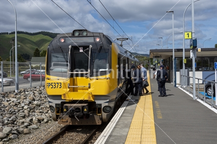Waikanae New Zealand November 1 2019. At the Waikanae train station an electric rail car arrives and departs travelling to Wellington city.